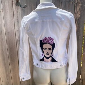 Ag Adriano Goldschmied White and Pink Jean Jacket with Artistic Back XS